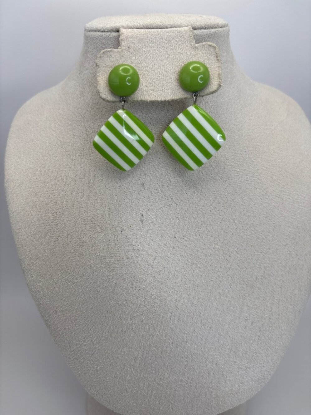 Vintage Striped Resin Acrylic Geometric Green White Pierced Dangle Earrings